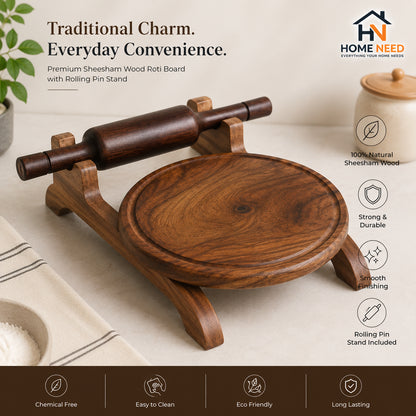 Premium Sheesham Wood Roti Board with Rolling Pin Stand | Handmade Chakla Belan Set