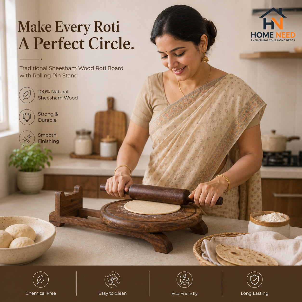 Premium Sheesham Wood Roti Board with Rolling Pin Stand | Handmade Chakla Belan Set