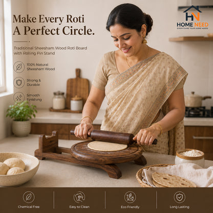 Premium Sheesham Wood Roti Board with Rolling Pin Stand | Handmade Chakla Belan Set