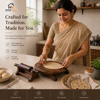 Premium Sheesham Wood Roti Board with Rolling Pin Stand | Handmade Chakla Belan Set