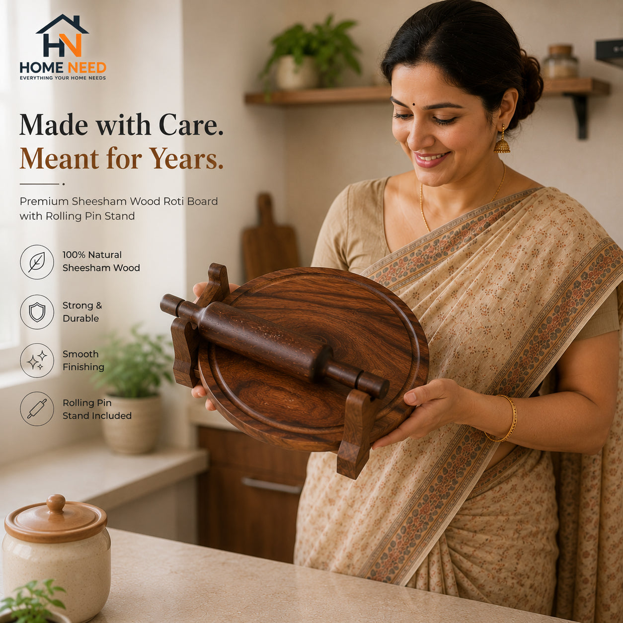 Premium Sheesham Wood Roti Board with Rolling Pin Stand | Handmade Chakla Belan Set