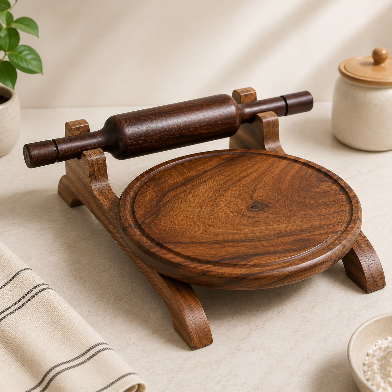 Premium Sheesham Wood Roti Board with Rolling Pin Stand | Handmade Chakla Belan Set