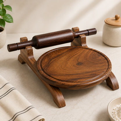 Premium Sheesham Wood Roti Board with Rolling Pin Stand | Handmade Chakla Belan Set