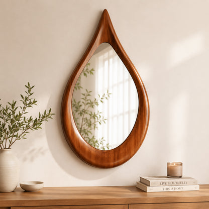 Premium Wooden Teardrop Wall Mirror | Minimal Aesthetic Decorative Mirror for Living Room, Bedroom & Bathroom
