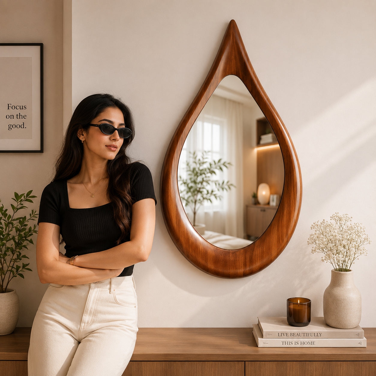 Premium Wooden Teardrop Wall Mirror | Minimal Aesthetic Decorative Mirror for Living Room, Bedroom & Bathroom