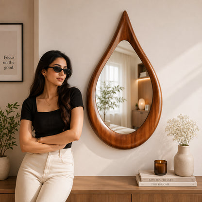 Premium Wooden Teardrop Wall Mirror | Minimal Aesthetic Decorative Mirror for Living Room, Bedroom & Bathroom