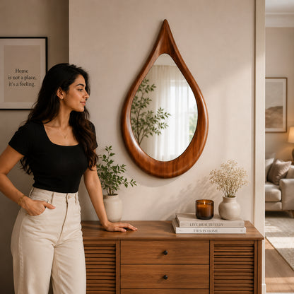 Premium Wooden Teardrop Wall Mirror | Minimal Aesthetic Decorative Mirror for Living Room, Bedroom & Bathroom