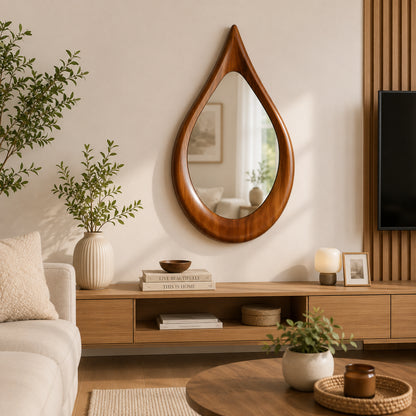 Premium Wooden Teardrop Wall Mirror | Minimal Aesthetic Decorative Mirror for Living Room, Bedroom & Bathroom