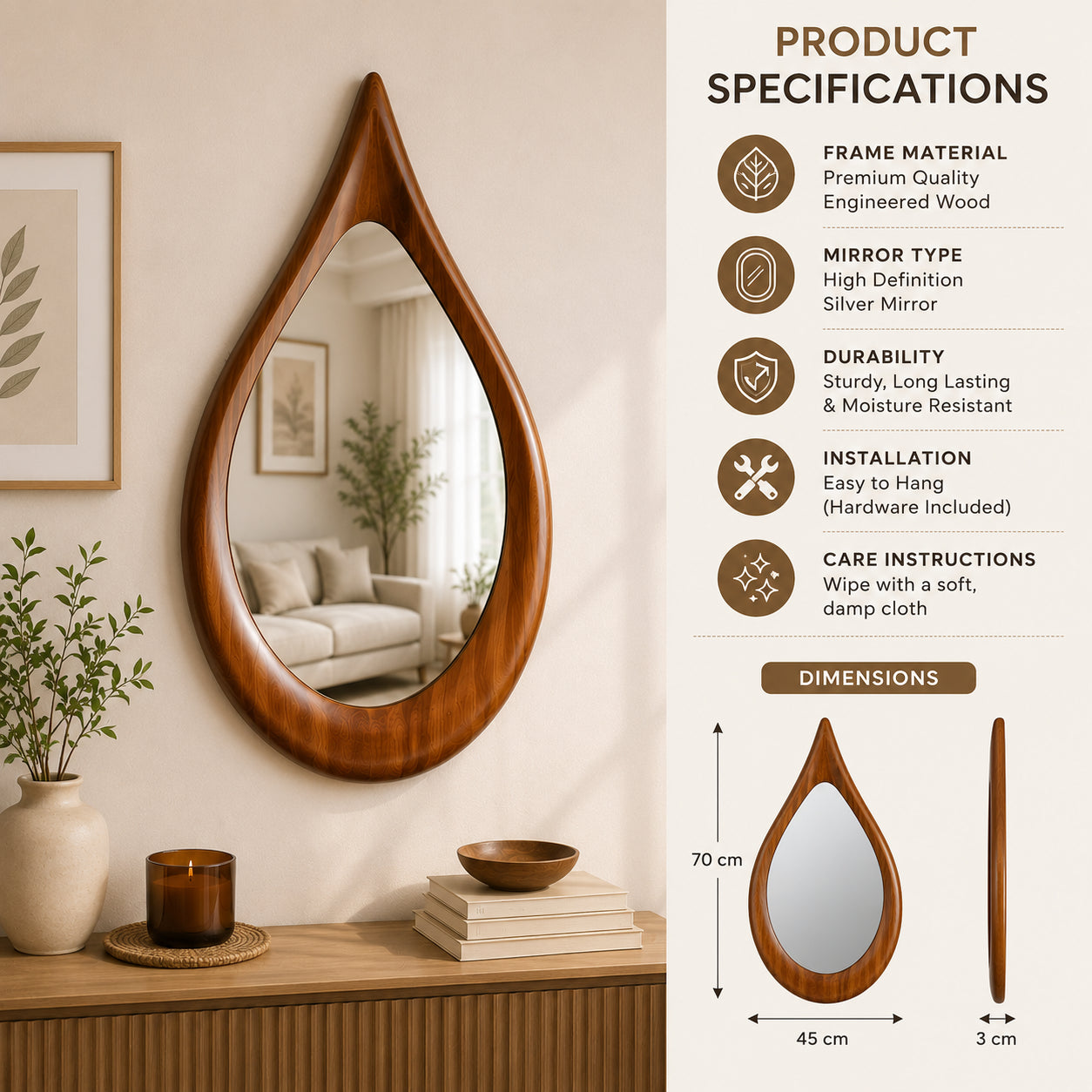 Premium Wooden Teardrop Wall Mirror | Minimal Aesthetic Decorative Mirror for Living Room, Bedroom & Bathroom