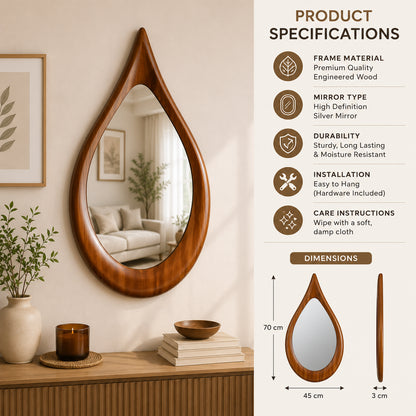 Premium Wooden Teardrop Wall Mirror | Minimal Aesthetic Decorative Mirror for Living Room, Bedroom & Bathroom