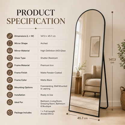 Premium Arched Full Length Floor Mirror HD Dressing Mirror for Bedroom, Living Room & Dressing Area