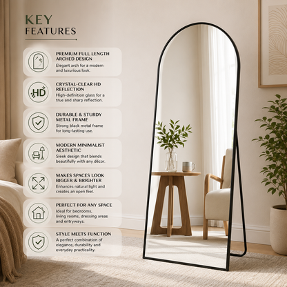 Premium Arched Full Length Floor Mirror HD Dressing Mirror for Bedroom, Living Room & Dressing Area